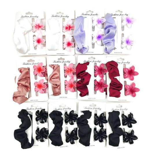 12pk Plumeria Stone Silky Cloth Scrunchies Claw Clip Set