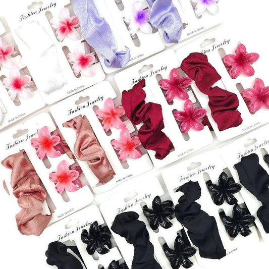 12pk Plumeria Stone Silky Cloth Scrunchies Claw Clip Set