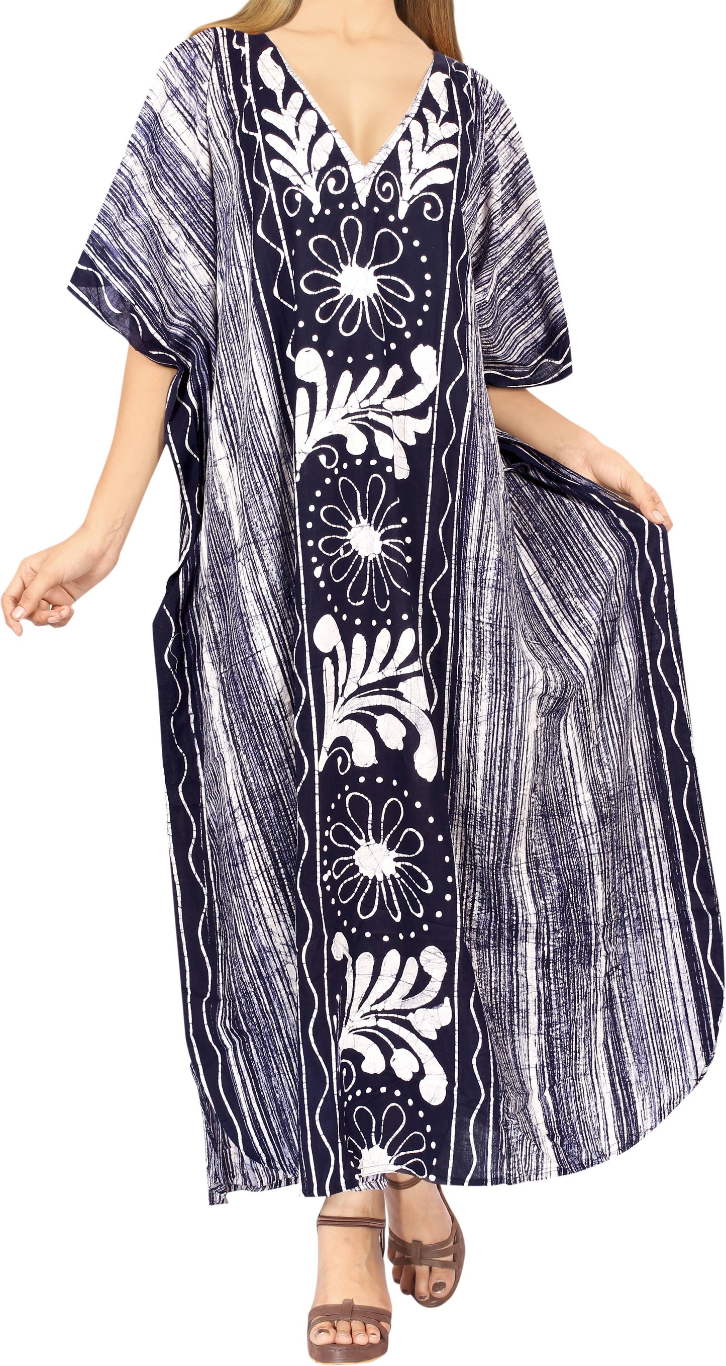 LA LEELA Women Caftan Maxi Night Gown Dark Indigo-AC131