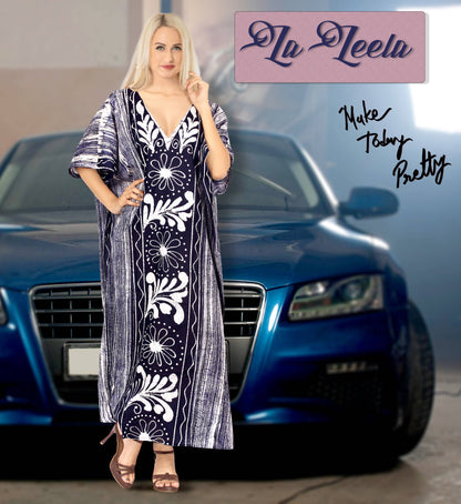 LA LEELA Women Caftan Maxi Night Gown Dark Indigo-AC131