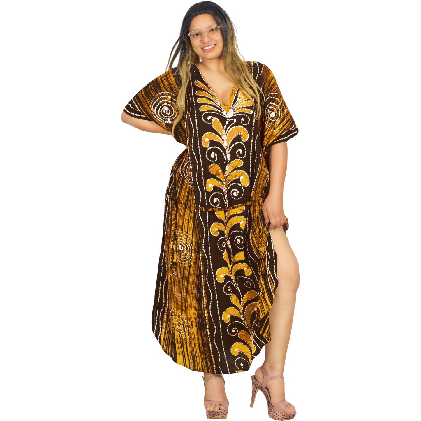 Women's Batik Long kaftan Dress Brown Leaves