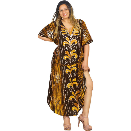 Women's Batik Long kaftan Dress Brown Leaves